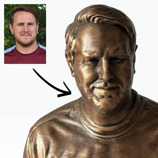 From photo to finished product: custom 3D printed football bust creation process.