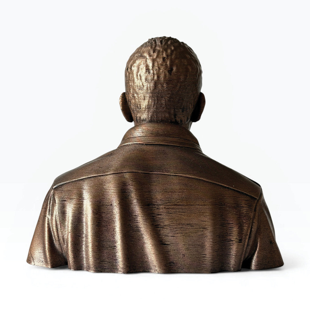 Rear view of PDC-10 3D printed football bust showing bronze texture.