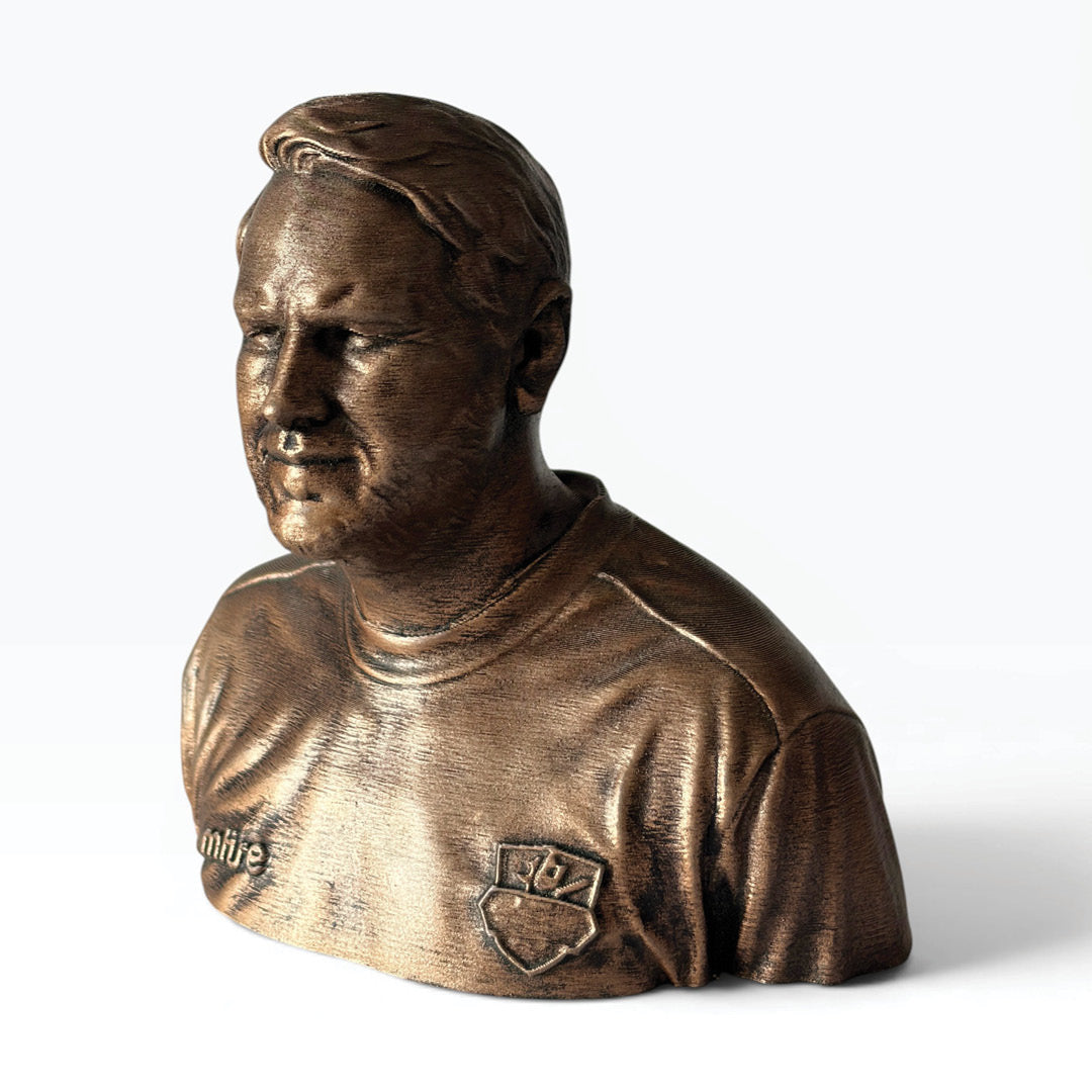 Customised bespoke 3D printed football sculpture, three-quarter angle view.