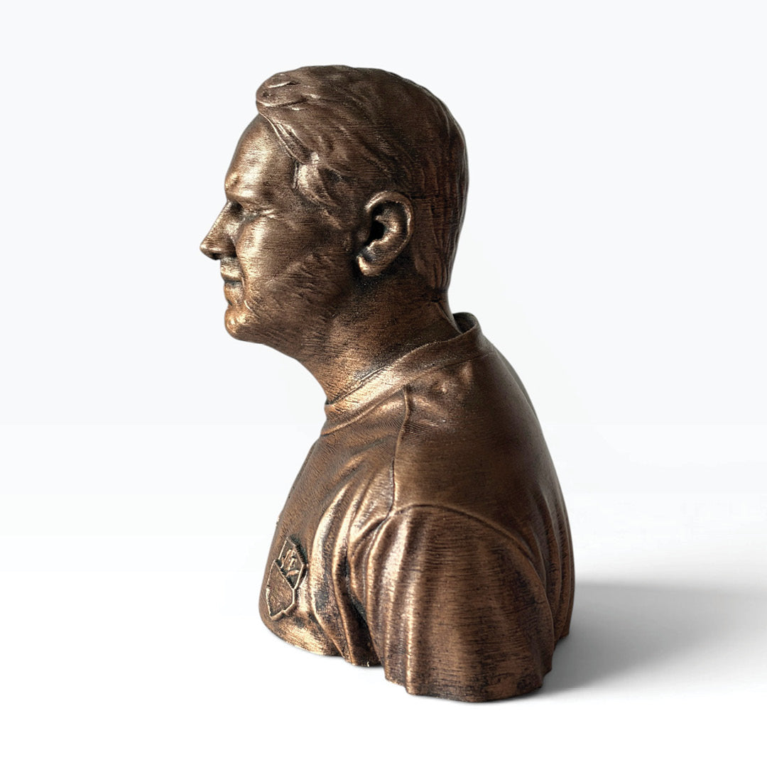 Personalised 3D printed football bust, left profile view.