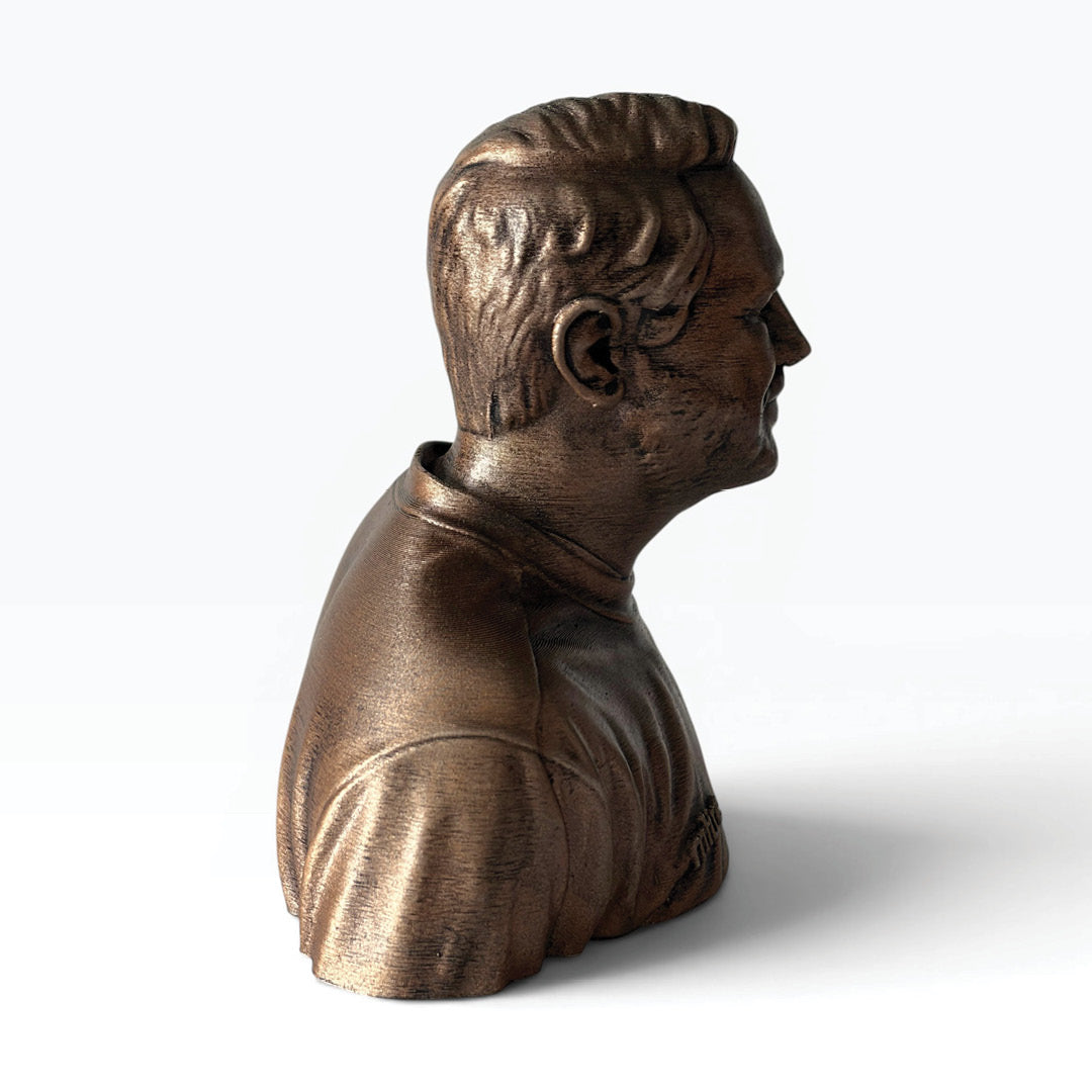 Personalised 3D printed football bust, right profile view.